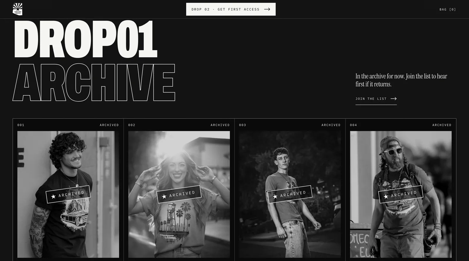 Downtown Arizona Drop 01 archive on desktop, four black-and-white model photos marked archived