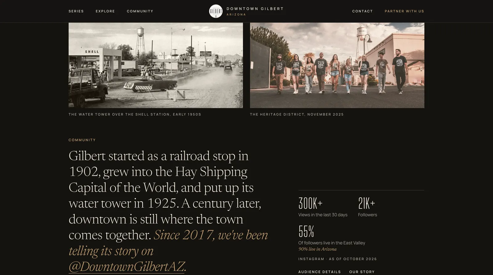 Downtown Gilbert community section on desktop, a 1950s photo beside a 2025 photo of the same district with audience stats